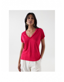 T-shirt col v en lin détails franges rose femme - Salsa