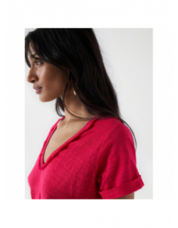 T-shirt col v en lin détails franges rose femme - Salsa