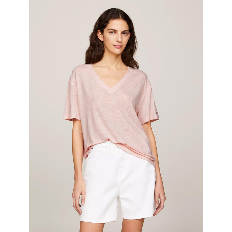 T-shirt col v en lin relax rose femme - Tommy Hilfiger