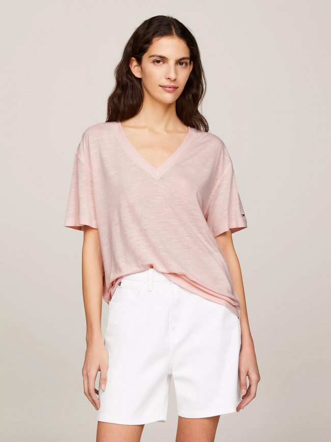 T-shirt col v en lin relax rose femme - Tommy Hilfiger