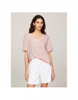 T-shirt col v en lin relax rose femme - Tommy Hilfiger