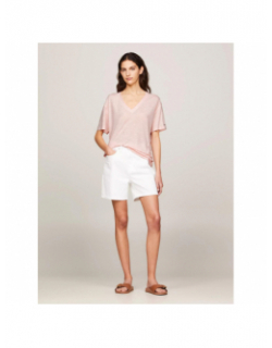 T-shirt col v en lin relax rose femme - Tommy Hilfiger