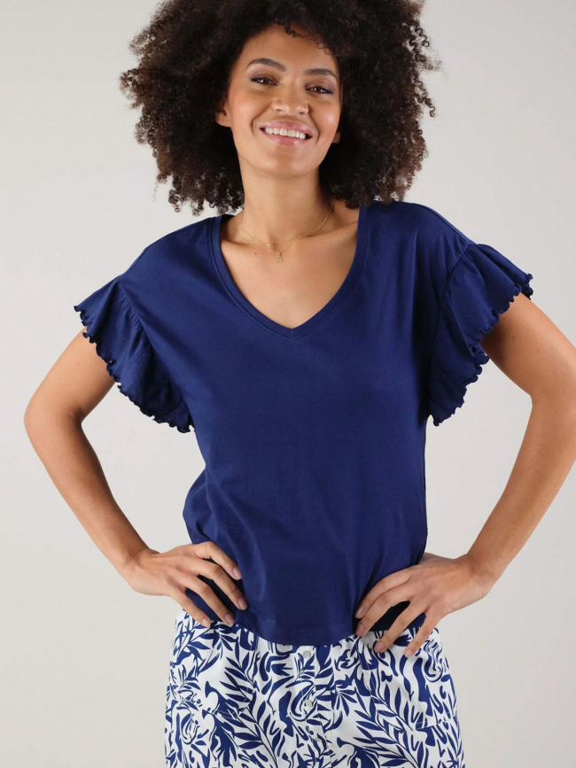 T-shirt col v oria détail manche bleu femme - Deeluxe