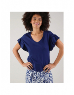 T-shirt col v oria détail manche bleu femme - Deeluxe