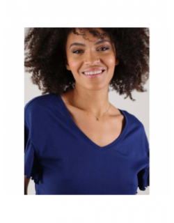 T-shirt col v oria détail manche bleu femme - Deeluxe