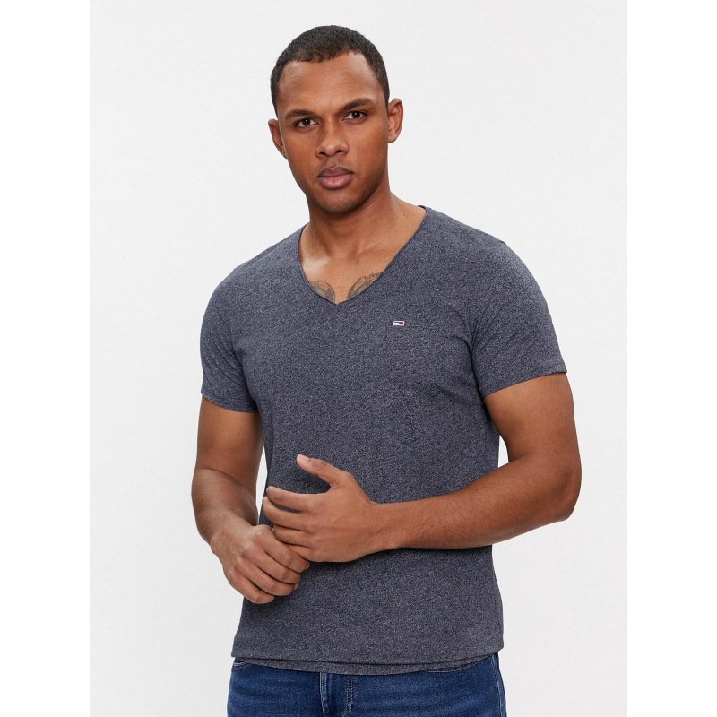 T-shirt col v slim jaspe chiné bleu homme - Tommy Jeans