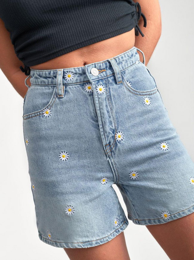 Short en jean camgi à fleurs bleu fille - Le Temps Des Cerises