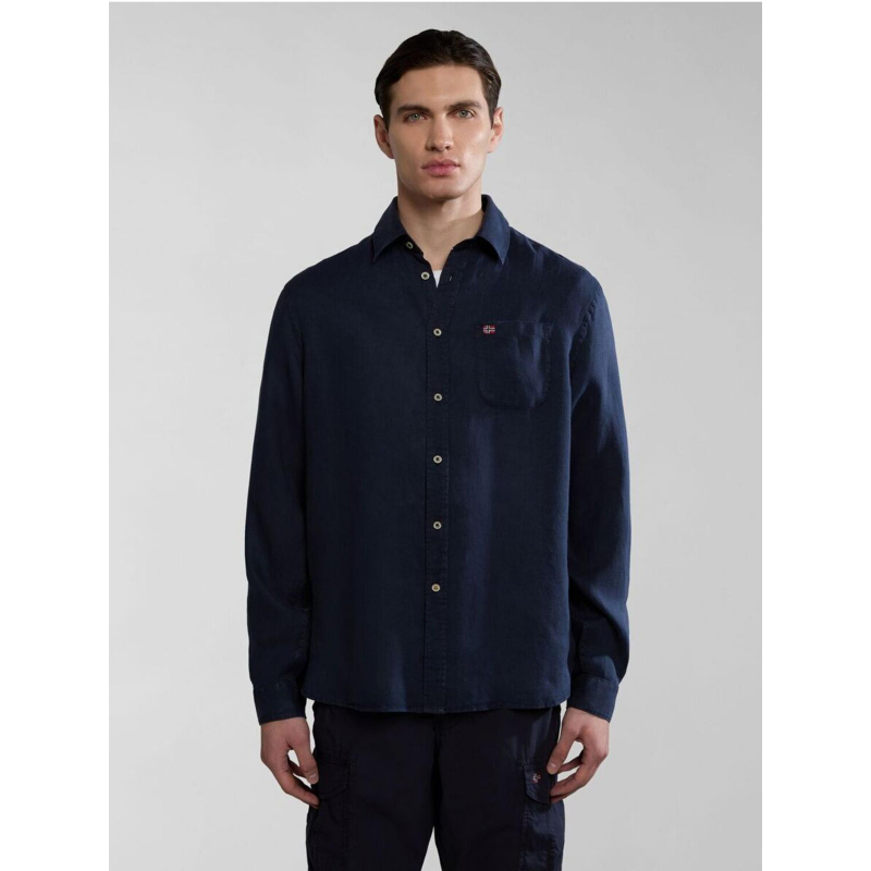 Chemise uni linen bleu marine homme - Napapijri