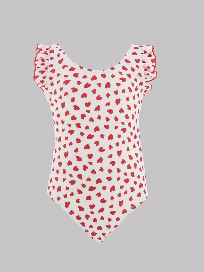 Maillot de bain 1 pièce ninon coeurs blanc rouge fille - Lagon Bleu