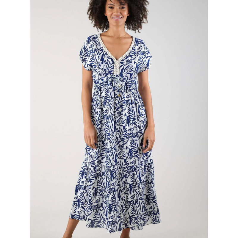 Robe longue imprimés izumi blanc bleu femme - Deeluxe