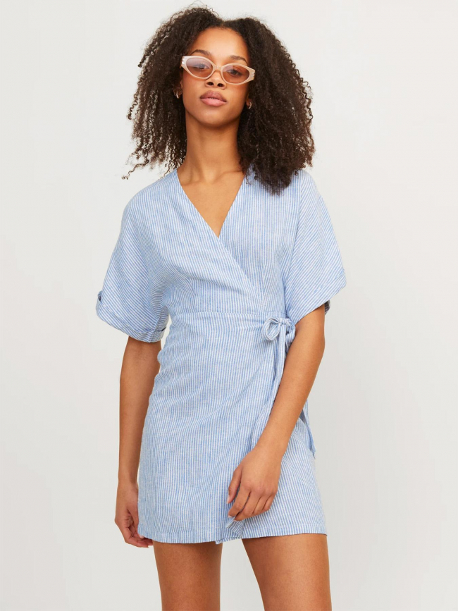 Robe portefeuille rayée raya en lin bleu femme - Jjxx