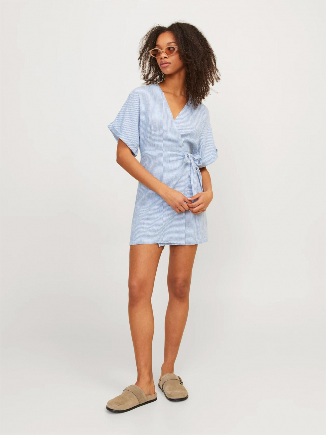 Robe portefeuille rayée raya en lin bleu femme - Jjxx