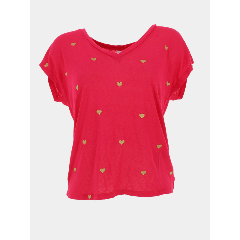 T-shirt col v belle coeur doré rouge rose femme - Only