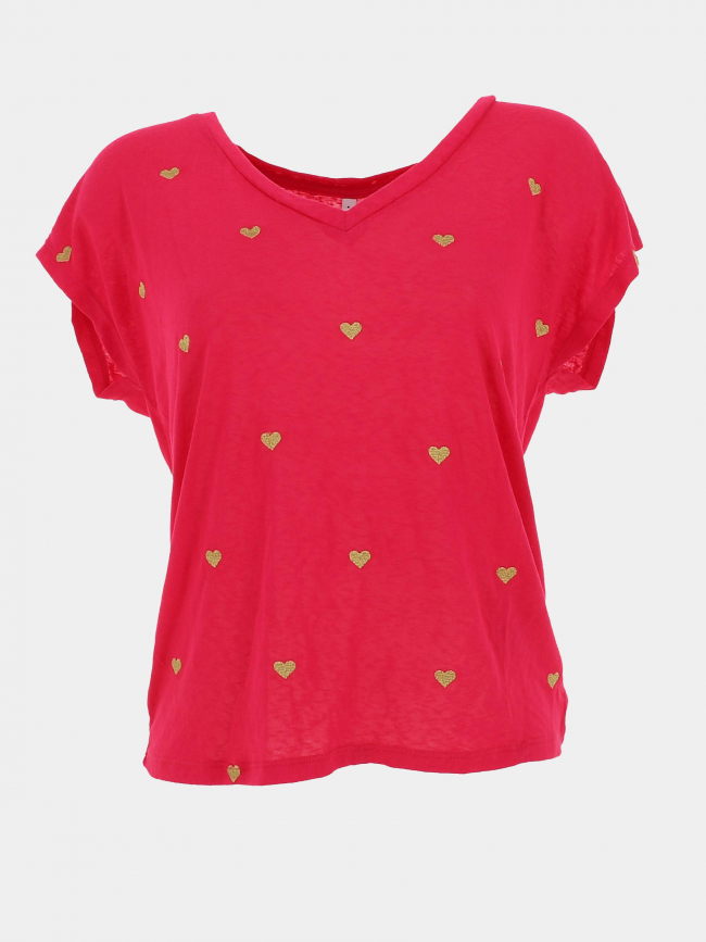 T-shirt col v belle coeur doré rouge rose femme - Only