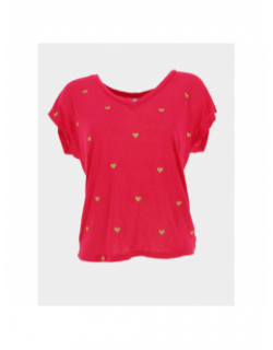 T-shirt col v belle coeur doré rouge rose femme - Only