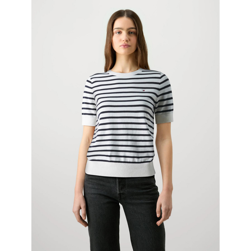 Pull fin rayé stitch blanc noir femme - Tommy Hilfiger