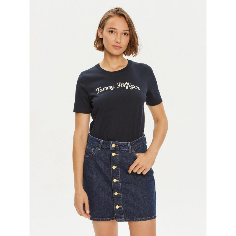 T-shirt reg script logo bleu marine femme - Tommy Hilfiger