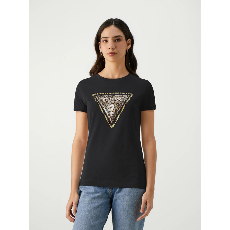 T-shirt logo triangle léopard noir femme - Guess