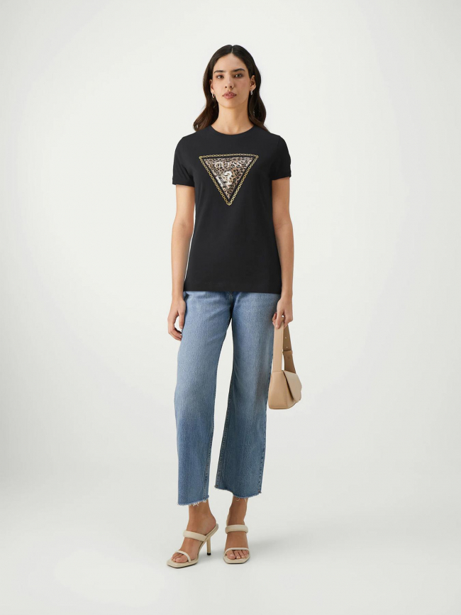 T-shirt logo triangle léopard noir femme - Guess