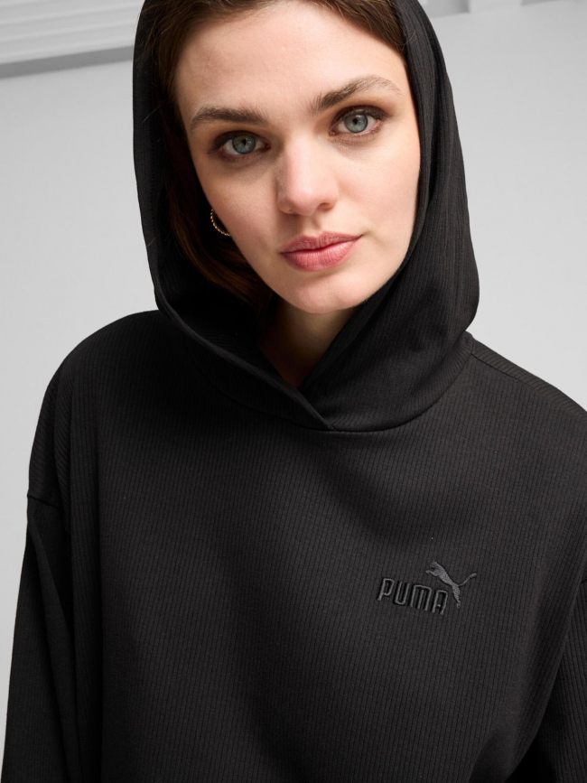 Sweat à capuche crop côtelé uni noir femme - Puma