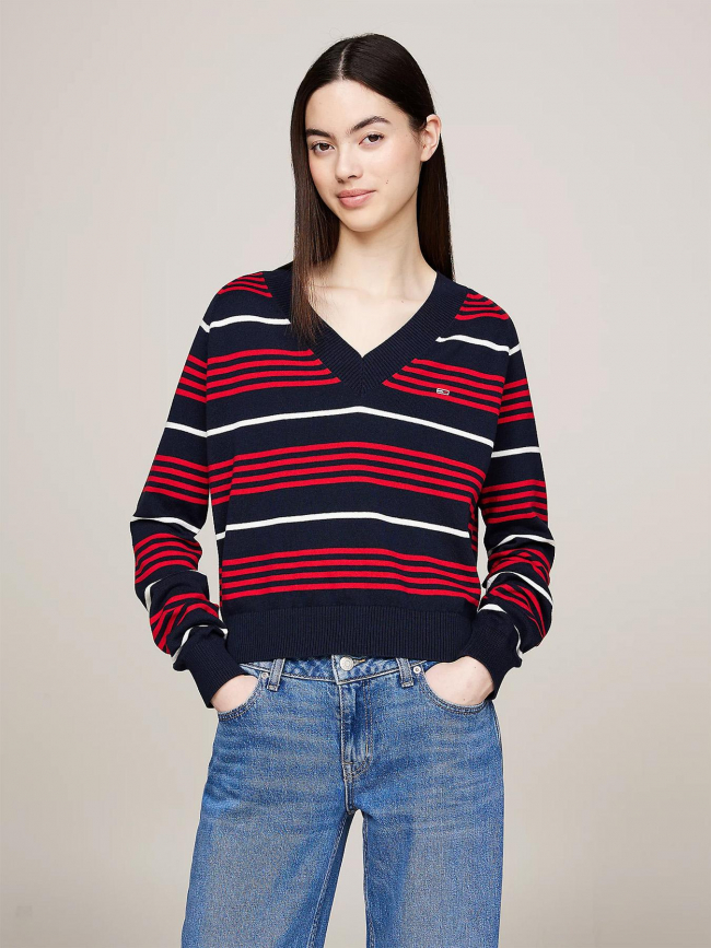 Pull col v rayé bleu marine rouge femme - Tommy Jeans