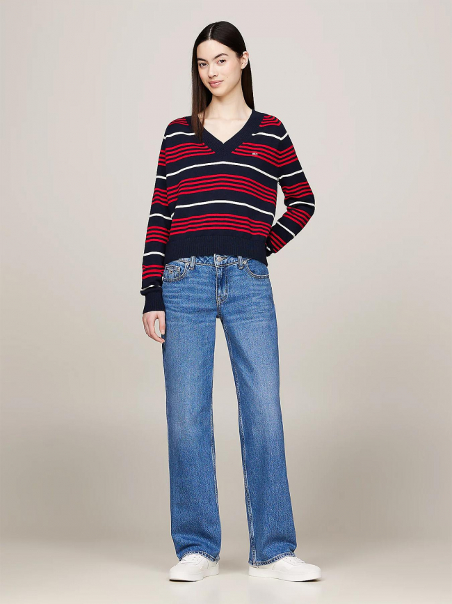 Pull col v rayé bleu marine rouge femme - Tommy Jeans