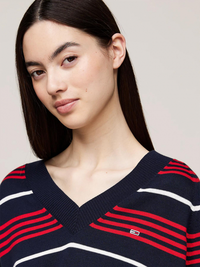 Pull col v rayé bleu marine rouge femme - Tommy Jeans