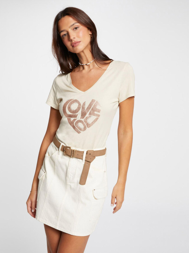 T-shirt col v love you beige femme - Morgan