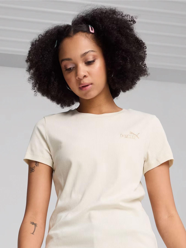 T-shirt côtelé uni logo beige femme - Puma