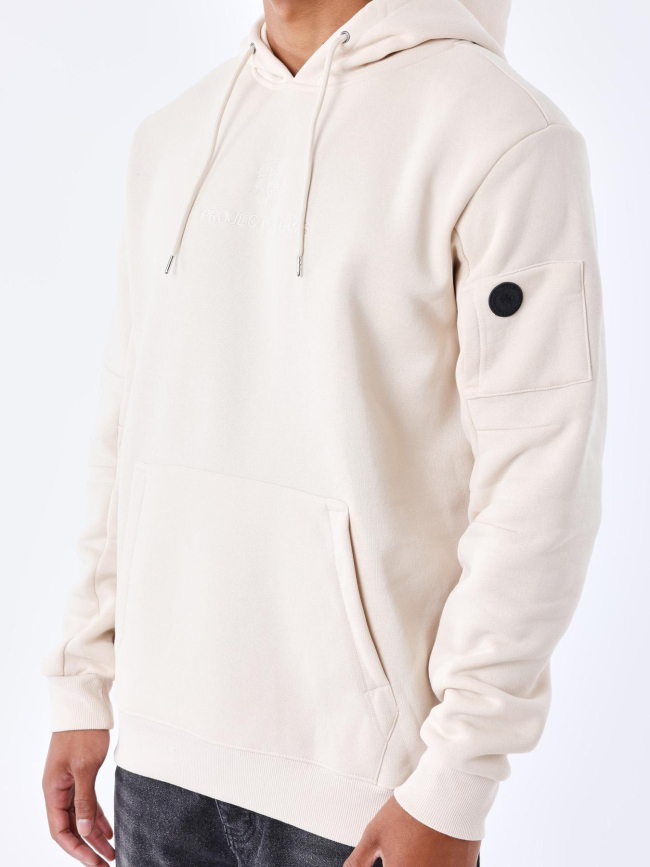 Sweat à capuche double logo brodé beige homme - Project X Paris