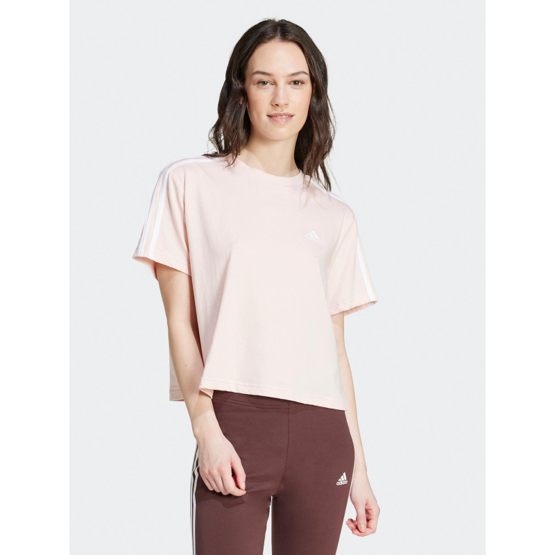 T-shirt crop 3 bandes rose femme - Adidas