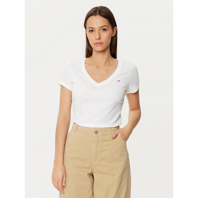 T-shirt slim à manches courtes et col v blanc femme - Tommy Jeans