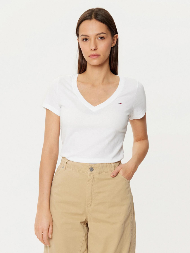 T-shirt slim à manches courtes et col v blanc femme - Tommy Jeans