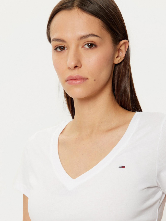 T-shirt slim à manches courtes et col v blanc femme - Tommy Jeans