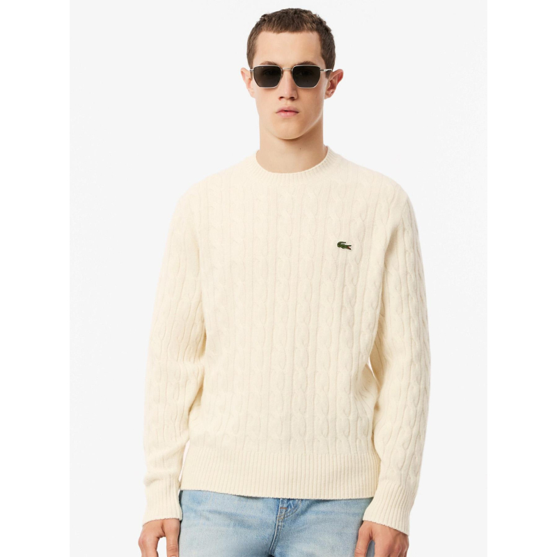 Pull col rond torsadé en laine cardée blanc homme - Lacoste