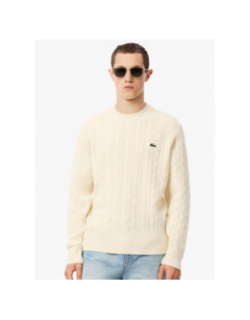 Pull col rond torsadé en laine cardée blanc homme - Lacoste