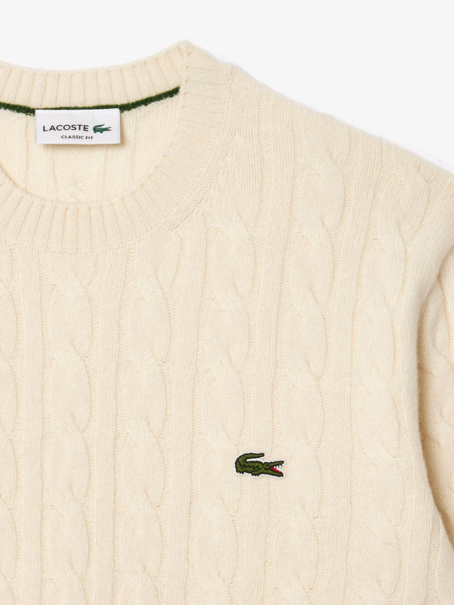 Pull col rond torsadé en laine cardée blanc homme - Lacoste