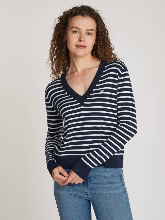 Pull col v rayé bleu marine femme - Tommy Jeans