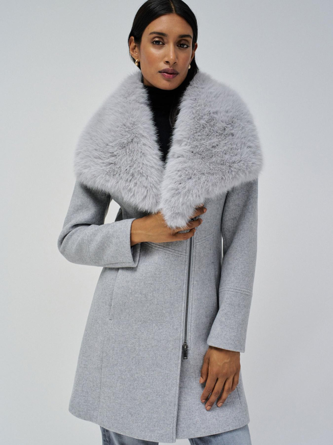 Manteau en laine col fausse fourrure gris femme - Salsa