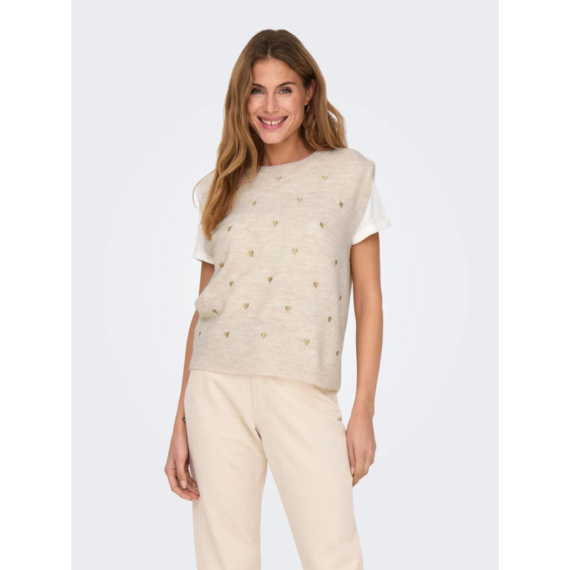 Pull sans manche coeur brodé melody beige femme - Only