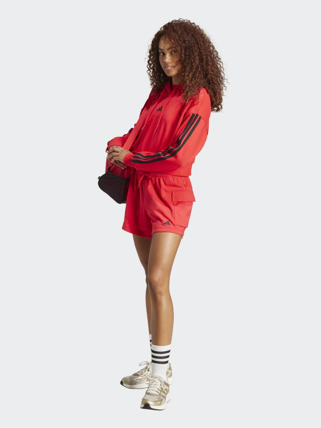 Sweat à capuche crop 3 stripes rouge et noir femme - Adidas