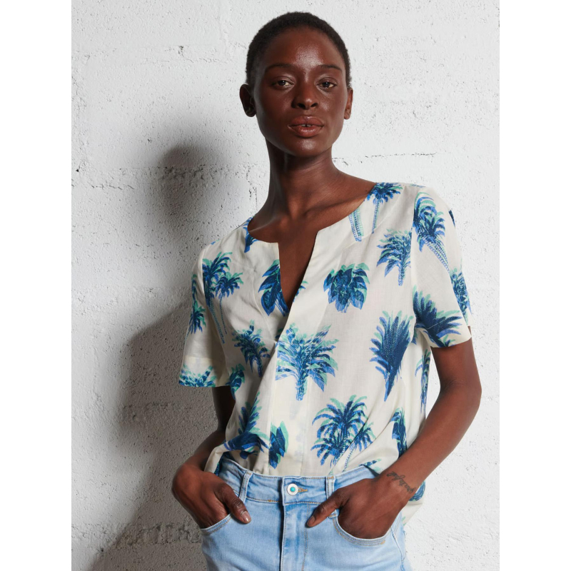 Top ample col v à motif hope bleu femme - Le Temps Des Cerises
