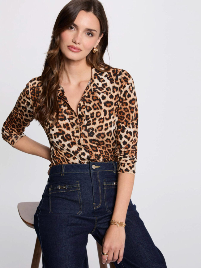 Blouse tufus à motif leopard marron femme - Morgan