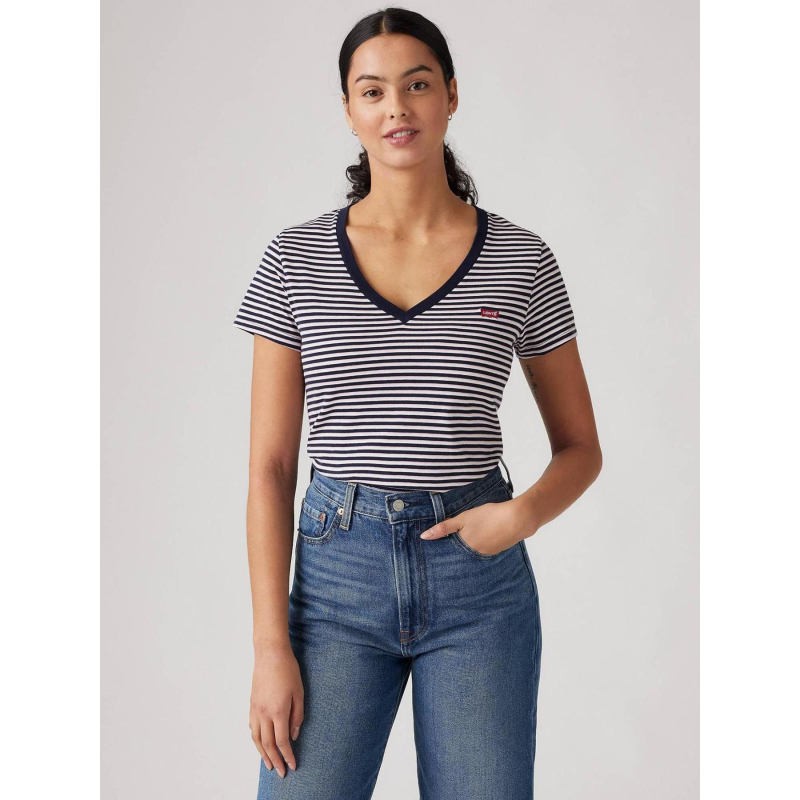 T-shirt manches courtes à rayures et col v blanc femme - Levi's