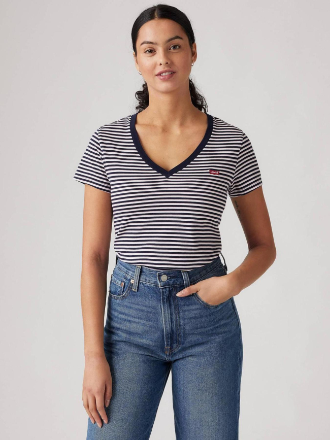 T-shirt manches courtes à rayures et col v blanc femme - Levi's