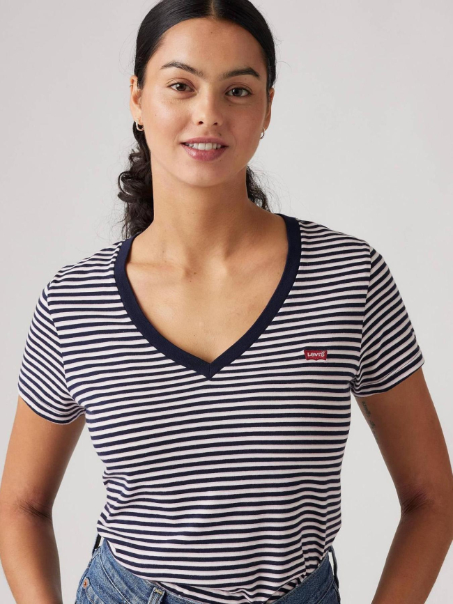 T-shirt manches courtes à rayures et col v blanc femme - Levi's