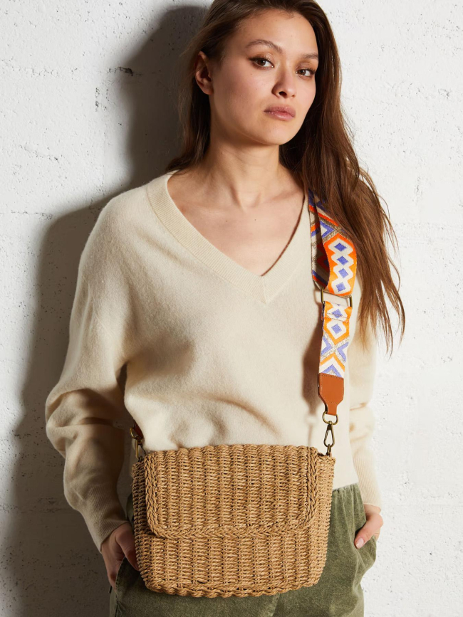 Sac bandoulière colorée en paille senia marron femme - Pieces