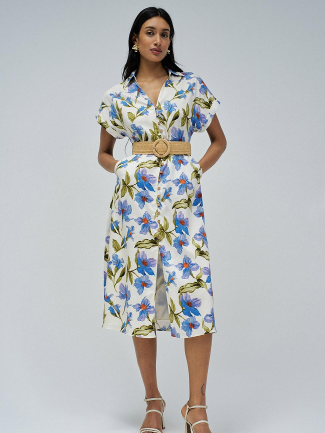 Robe à fleurs boutonnée blanc bleu femme - Salsa