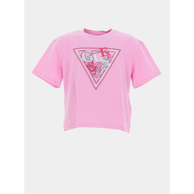 T-shirt à logo triangle broderie sequins rose fille - Guess