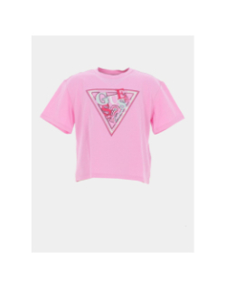 T-shirt à logo triangle broderie sequins rose fille - Guess
